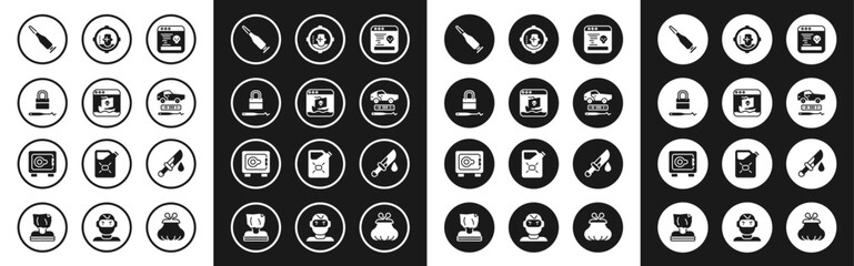 Sticker - Set System bug, Internet piracy, Lock picks for lock picking, Bullet, Car theft, Headshot, Bloody knife and Safe icon. Vector