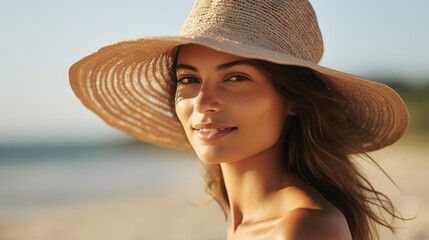 Wall Mural - Woman looking on the side wearing summer hat at the beach, close up shot photo, warm colors. Generative AI