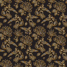 Vector Golden Seamless Pattern. Exotic Birds, Gold Contour Thin Line Fantasy Flowers With Folk Ornaments On A Black Background