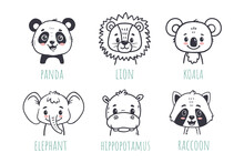 Set Of Funny Animals In Cartoon Style. Flat Animals. Doodle Illustration Of Hippo Head, Panda, Koala, Lion, Raccoon, Elephant  For Cards, Magazins, Banners. Vector