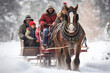 canvas print picture - Families enjoying a sleigh ride through a winter wonderland bundled up in warm attire.