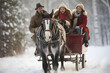 Families enjoying a sleigh ride through a winter wonderland bundled up in warm attire.