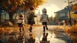 Autumn day, cheerful children play in a puddle in rainy weather, Generative AI