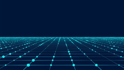 Vector perspective grid. Digital background in retro style. Wireframe landscape on blue background.