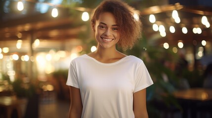 Beautiful young exotic woman with a beautiful smile in a white linen t-shirt and jeans, in a coffee shop with a blurred background. In the background are the lights and depth o