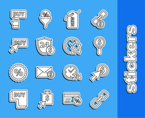 Sticker - Set line Chain link, Cursor and coin, Magnifying glass dollar, Price tag with New, Shield, Buy button, and Clock 24 hours icon. Vector