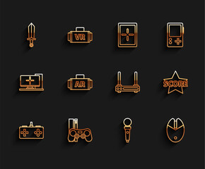 Sticker - Set line Gamepad, console with joystick, Sword for game, Joystick arcade machine, Computer mouse gaming, Ar, augmented reality, Star and Router and wi-fi signal icon. Vector