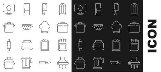 Poster - Set line Kitchen extractor fan, Oven, Cooking pot, Meat chopper, colander, Chef hat with location and icon. Vector