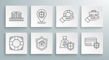 Wall Mural - Set line Lifebuoy, Location shield, House with, Money, Credit card, in hand, Hand holding briefcase and flood icon. Vector