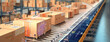 © sizsus - conveyor belt in a distribution warehouse with row of cardboard box packages for e-commerce delivery  and automated logistics concepts as wide banner with copysapce area - Generative AI