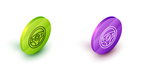 Poster - Isometric line Steering wheel icon isolated on white background. Car wheel icon. Green and purple circle buttons. Vector