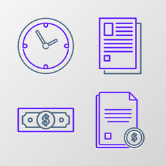 Sticker - Set line Finance document, Stacks paper money cash, File and Clock icon. Vector