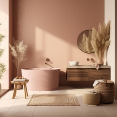 Wall Mural - This dreamy bathroom, with its pastel-pink walls and vibrant houseplants surrounding a luxurious tub, is a peaceful haven of stylish comfort