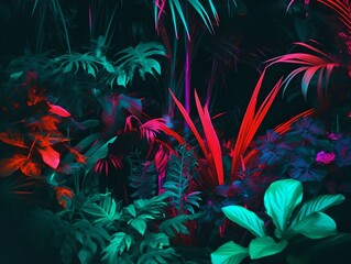 Wall Mural - Tropical leaves neon, generative ai