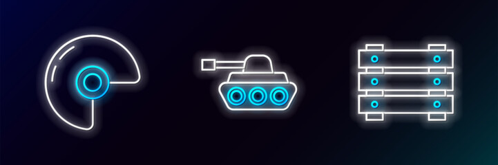 Poster - Set line Military ammunition box, helmet and tank icon. Glowing neon. Vector