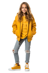 full length casual funny little blonde kid girl hands in pocket, facing on camera on transparent bac