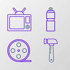 Wall Mural - Set line Hammer, Film reel, Fitness shaker and Television icon. Vector