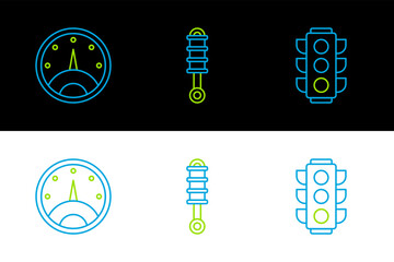 Canvas Print - Set line Traffic light, Speedometer and Shock absorber icon. Vector