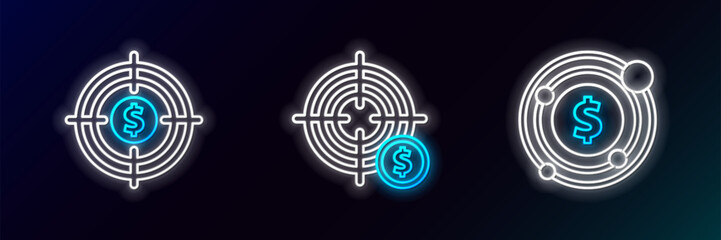 Poster - Set line Target with dollar symbol, and icon. Glowing neon. Vector