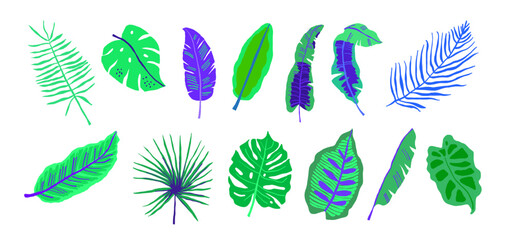 Wall Mural - Mega collection of tropical leaves in neon colors. Tropical leaves Clipart on white. Vector illustration