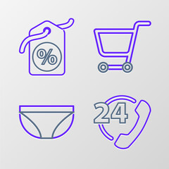 Canvas Print - Set line Telephone 24 hours support, Underwear, Shopping cart and Discount percent tag icon. Vector