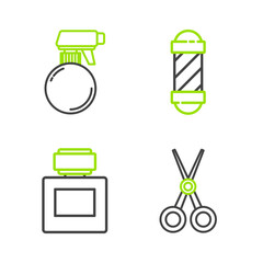 Poster - Set line Scissors hairdresser, Aftershave, Classic Barber shop pole and Hairdresser pistol spray bottle icon. Vector