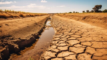 agricultural canal that has become arid and barren due to prolonged drought and heat waves.