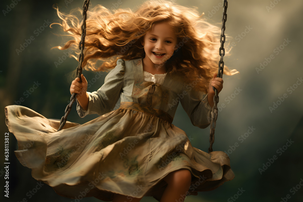 Little girl on a swing with her hair flowing as she soars. Stock Photo ...