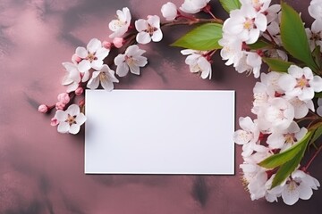 Wall Mural - Beautiful pink fresh flower with white blank card. Spring minimal concept. Invitation or greeting card mockup. Valentines day, Woman day. Flat lay, top view with copy space