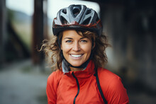 Generative AI Picture Of Happy Beautiful Lady In Protective Helmet Riding Bike Exploring New City Enjoying Nature Outdoors