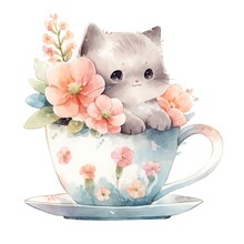 Cute Cartoon Kitten Sitting In A Tea Cup With Flowers.  Funny Cat Character Design. Spring Concept. Valentine's Day Greeting Card. Watercolor Illustration Isolated On White Background