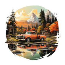 An Autumn Truck T-shirt Design Featuring A Vintage Pickup Truck With Wooden Panels, Generative Ai