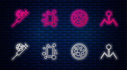 Wall Mural - Set line Bar of soap, Virus, Syringe and virus and Bacteria bacteriophage. Glowing neon icon on brick wall. Vector