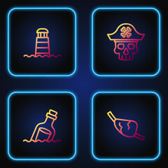 Sticker - Set line Pirate eye patch, Bottle with message in water, Lighthouse and captain. Gradient color icons. Vector