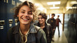 © Julija - cheerful hipsters happy teenagers run in the corridors of the school. back to school generative ai.