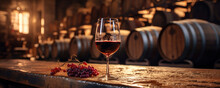 Winery: A Glass Of Wine Being Poured Against A Barrel In A Wine Cellar. Wide Format.