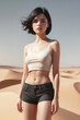 © DIVGRADCURL - immagine primo piano di giovane affascinante donna in abbigliamento casual, deserto con dune di sabbia, capelli scomppigliati dal vento, luce diurna