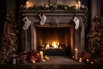 Modern chimney with stockings, candles, and christmas decoration. Christmas living room with fireplace. AI generated