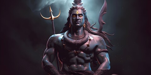 Wall Mural - illustration of lord shiva sitting on rock meditating, mahashivratri, generative a.i