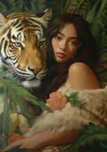 Portrait Of Beautiful Girl With Tiger.