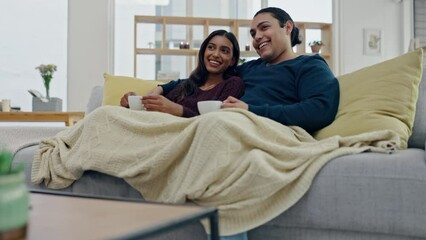 Poster - Talking, coffee and couple watching a movie on sofa in the living room for relaxing together. Conversation, laugh and young man and woman drinking cappuccino and streaming show, film or video at home