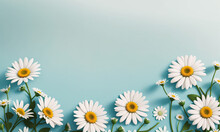 Beautiful Daisies On A Blue Background, Copy Space. Generative AI.