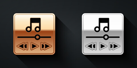 Gold and silver Music player icon isolated on black background. Portable music device. Long shadow style. Vector