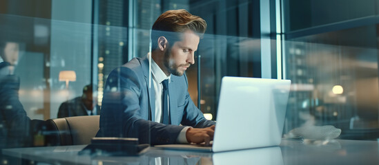 handsome businessman sitting at worktable at modern office, typing on laptop keyboard, sending email