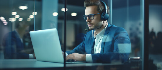 Technical support operator with headset working at laptop in modern office.