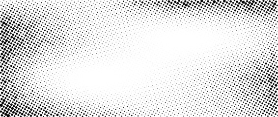 Wall Mural - Doted halftone faded wavy gradient texture. Grunge dirty speckles and spots background. Black and white uneven sand grain wallpaper. Retro random pixelated comic vector backdrop