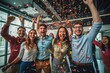 canvas print picture - Happy diverse employees team celebrating success business achievement among confetti.