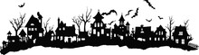 Halloween Houses. Creepy Village. Black Silhouettes Of Houses And Trees On An White Background. Vector Illustration.