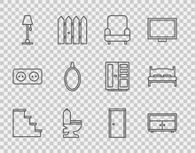 Set Line Staircase, Chest Of Drawers, Armchair, Toilet Bowl, Floor Lamp, Mirror, Closed Door And Big Bed Icon. Vector