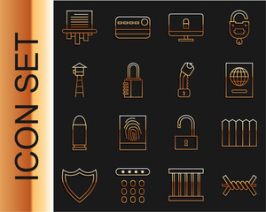 Wall Mural - Set line Barbed wire, Garden fence wooden, Passport, Lock on computer monitor, Safe combination lock, Watch tower, Paper shredder and Police electric shocker icon. Vector